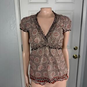 Vintage y2K Women's Top Shirt Baby Tee Cotton 6 Degrees Large Smocked Boho H3-16